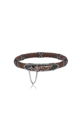 Brown - Genuine Leather Silver Bracelet with Unique Sword Lock Design