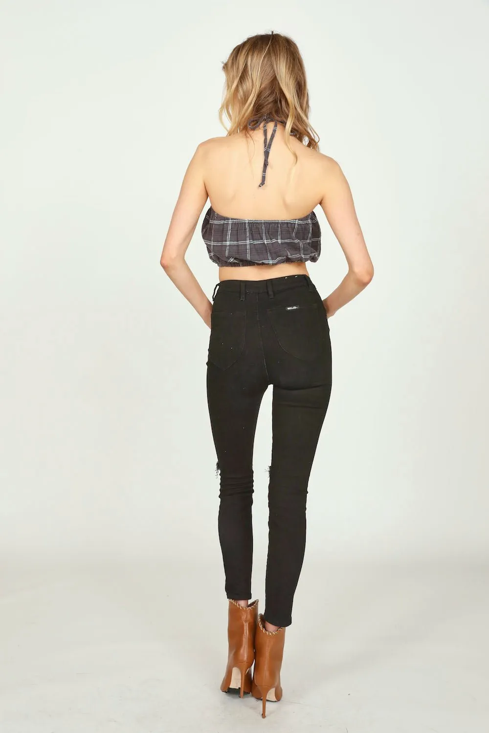 Grey Plaid Flannel Halter Bandeau