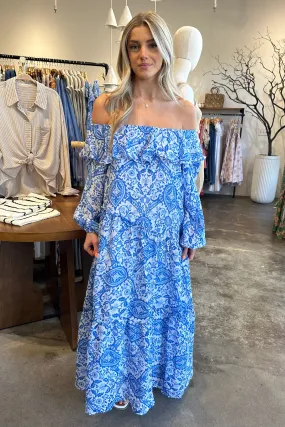 OLINA BLUE PRINTED OFF SHOULDER DRESS