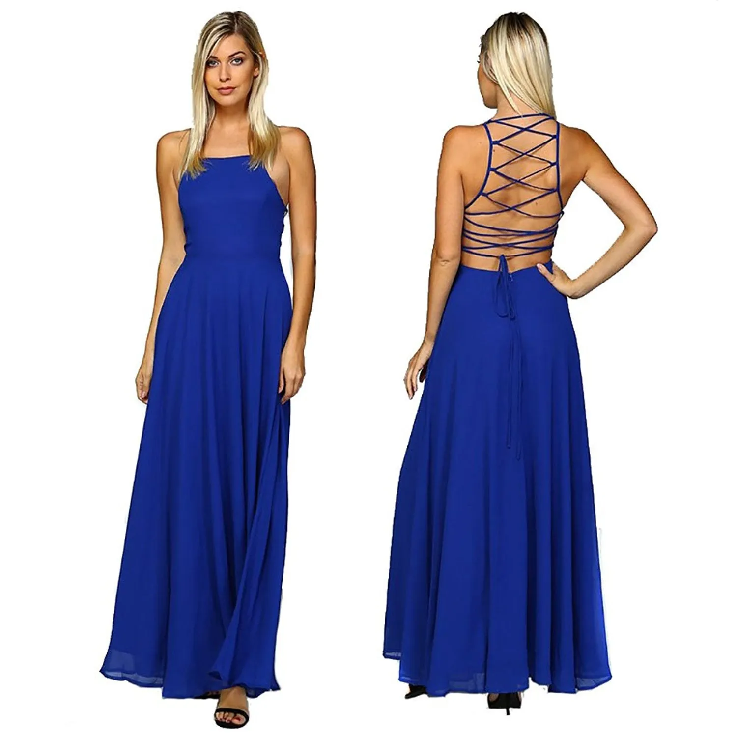 Royal Blue Lace Up Back Elegant Evening Maxi Dress