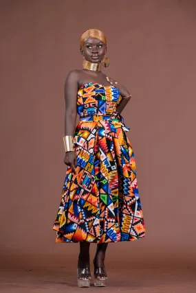 Teni Ankara Strapless Tube Midaxi Dress | Yellow and Blue African Kente Print